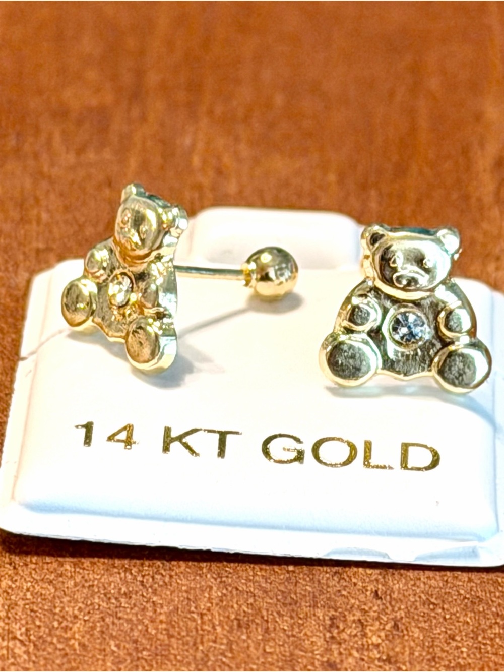 14 KT Gold Teddy Bear Stud Earrings for Kids - Polished Gold with ball screwback